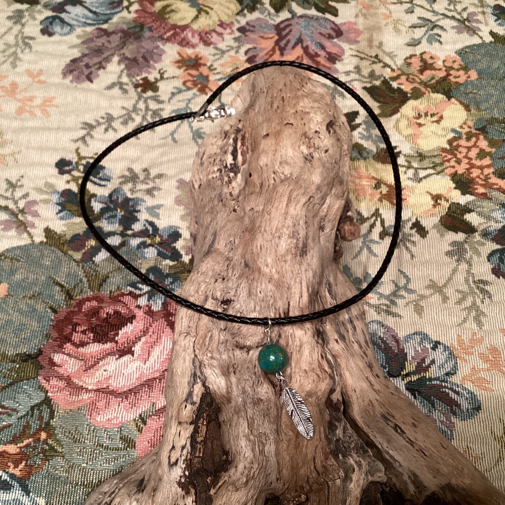 Braided Black Leather Cord Necklace W Silver Feather Turquoise Dangle 20 29$